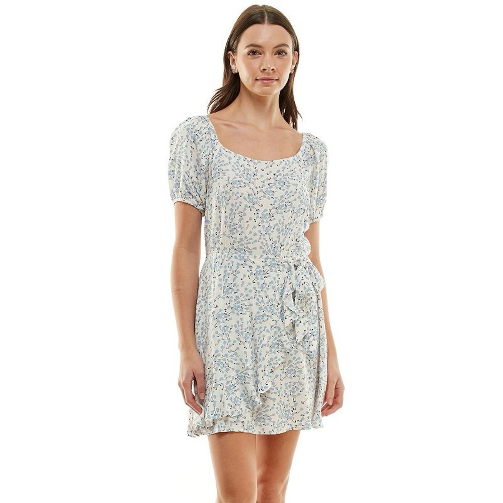 Trendy Junior’s Floral Blue and White Ruffle Faux-wrap Dress